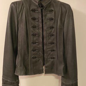 ELIE TAHARI Bergdorf Goodman Olive Leather Pleated Grosgrain Trim Jacket Medium